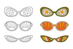 mignonne coloration page, Années 70 style hippie des lunettes de soleil. ancien rétro couleurs et contour griffonnage éléments sur blanc arrière-plan, Facile illustration pour les enfants. impression avec Marguerite, Soleil et vagues. vecteur