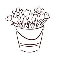 seau avec printemps Marguerite et tulipe fleurs dans ligne art style. vecteur illustration isolé sur une blanc Contexte.