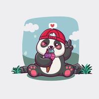 mignonne Panda en mangeant la glace crème dessin animé vecteur