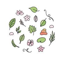 Facile main tiré tropical coloré floral vecteur conception éléments dans griffonnage style. ensemble de feuilles, fleurs, branches et des pierres. pour modèle, logo ou décoration.