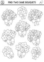 trouver deux même mariage bouquets. mariage la cérémonie noir et blanc correspondant à activité pour les enfants. éducatif quiz feuille de travail pour enfants. imprimable Jeu avec la mariée fleur arrangements vecteur