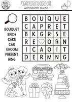 vecteur noir et blanc mariage recherche de mot puzzle pour enfants. Facile mot chercher quiz avec mariage la cérémonie paysage pour les enfants. éducatif activité ou traverser mot avec mariée, marié, gâteau