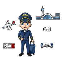 Jeune homme dans pilote ou Compagnie aérienne capitaine uniforme avec objet élément de aéroport articles vecteur