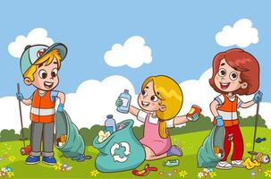 vecteur illustration de garçons et les filles collecte Plastique bouteilles et des ordures dans le parc