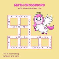 math mots croisés puzzle pour enfants. une addition et soustraction. compte en haut à 20. Jeu pour les enfants. vecteur illustration. coloré mots croisés avec dessin animé poney. tâche, éducation Matériel pour enfants.