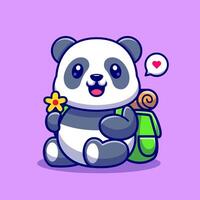 mignonne Panda en portant fleur avec sac à dos dessin animé vecteur icône illustration. animal la nature icône concept isolé prime vecteur. plat dessin animé style