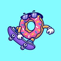 mignonne Donut en jouant planche à roulette dessin animé vecteur icône illustration. nourriture sport icône concept isolé prime vecteur. plat dessin animé style