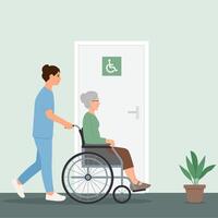 une infirmière dans une allaitement Accueil aide personnes âgées patient.personne âgée se soucier concept. Aidez-moi pour les personnes âgées avec handicapées. vecteur illustration