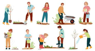 ensemble de des gamins jardinage vecteur illustration jardin travail collection avec content copains les enfants personnages pour la nature se soucier faire du bénévolat concepts jeunesse travail ensemble pour une mieux environnement