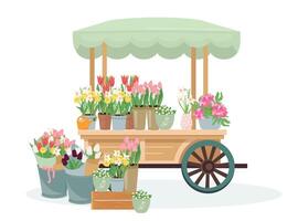 fleur marché Chariot avec de bonne heure printemps jardin fleurs dans bouquets et marmites. floral conception éléments pour de la mère jour, la Saint-Valentin jour, anniversaire. vecteur illustration style isolé sur blanc Contexte.