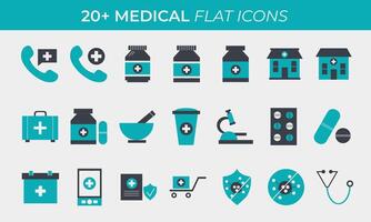 ensemble de médical et soins de santé Icônes vecteur illustration collection plat icône doux bleu et noir Couleur sur blanc Contexte remplir icône pack