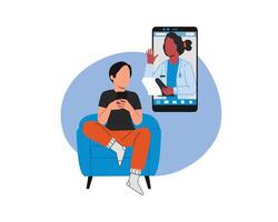 en ligne médical consultation concept. Jeune femme séance dans fauteuil et en utilisant téléphone intelligent appel une médecin. vecteur illustration dans plat style