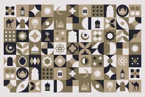 géométrique style coloré islamique Ramadan kareem bannière, affiche conception, modèle et géométrique Contexte. mosquée, lune, dôme et lanternes. minimaliste des illustrations vecteur