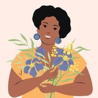 portrait de une content courbée africain américain femme avec fleurs. élégant moderne fille avec foncé cheveux. plat vecteur illustration