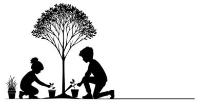 continu un noir ligne art dessin silhouette de les enfants plantation arbre. pelle creuse les racines plante dans sol à enregistrer le monde et Terre journée réduire global chauffage croissance vecteur