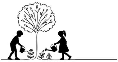 continu un noir ligne art dessin silhouette de les enfants arrosage une arbre. plantation arbre à enregistrer le monde et Terre journée réduire global chauffage croissance concept vecteur illustration sur blanc Contexte