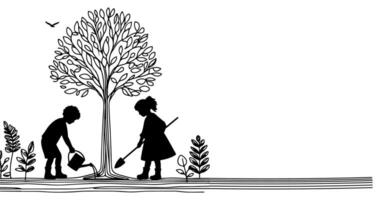 continu un noir ligne art dessin silhouette de les enfants arrosage une arbre. plantation arbre à enregistrer le monde et Terre journée réduire global chauffage croissance concept vecteur illustration sur blanc Contexte