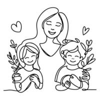 continu un noir ligne art dessin content famille père et mère avec enfant griffonnages style vecteur illustration sur blanc