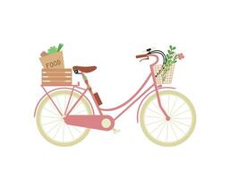 vélo comme écologique ville transport avec épicerie sac dans panier, bouquet de fleurs, téléphone intelligent, bouteille de l'eau. dessin animé vecteur