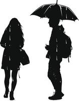 ai généré silhouette fille avec homme en utilisant parapluie pendant bruine noir Couleur seulement vecteur