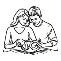 continu un noir ligne art dessin Parents avec nouveau née bébé griffonnages contour style vecteur illustration sur blanc Contexte