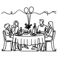 Célibataire continu dessin noir ligne famille dîner séance à table à fête anniversaire anniversaire fête griffonnages vecteur