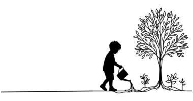 continu un noir ligne art dessin silhouette de les enfants arrosage une arbre. plantation arbre à enregistrer le monde et Terre journée réduire global chauffage croissance concept vecteur illustration sur blanc Contexte