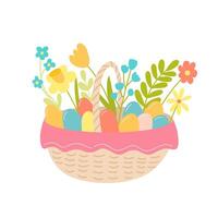 Pâques panier avec rose décor fleurs et des œufs vecteur plat style