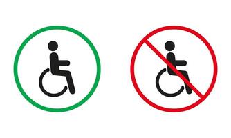 handicapé homme silhouette Icônes ensemble. entrée pour désactivée gens permis et interdit symboles. la personne dans fauteuil roulant rouge et vert avertissement panneaux. isolé vecteur illustration
