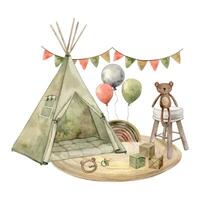 aquarelle illustration de enfants intérieur, wigwam, chaise, des ballons, tapis et enfants jouets. main tiré isolé illustration pour enfants intérieur, cartes, autocollants, textiles ou conception vecteur