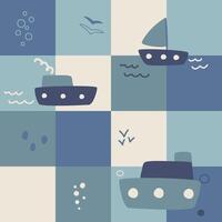mignonne sans couture Marin modèle avec bateaux à vapeur dans bleuâtre vecteur illustration