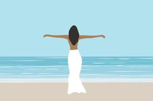magnifique femme dans blanc robe sur le plage vecteur illustration. été vacances plage concept