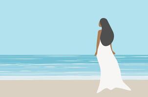 magnifique femme dans blanc robe sur le plage vecteur illustration. été vacances plage concept