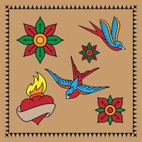 traditionnel marin tatouage dessins contenant avaler des oiseaux, cœur et fleurs vecteur