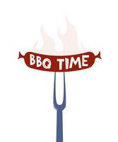saucisse sur une fourchette, un barbecue temps caractères. grillé saucisse. affiche modèle pour invitation à une faire la fête. vecteur illustration.