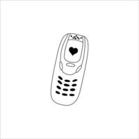 dessiné à la main esquisser de une classique mobile téléphone avec une cœur icône sur écran vecteur
