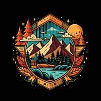 montagnes, lac, forêt, la nature emblème dans rétro style. T-shirt impression conception vecteur