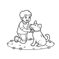 vecteur illustration de une garçon en jouant avec le sien chien. coloration livre pour les enfants.