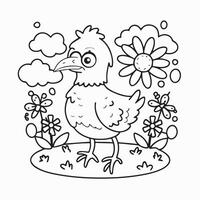 coloration page pour les enfants. mignonne dessin animé poulet avec fleurs. vecteur illustration.