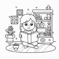 fille en train de lire une livre dans le vivant chambre. noir et blanc vecteur illustration.coloriage page