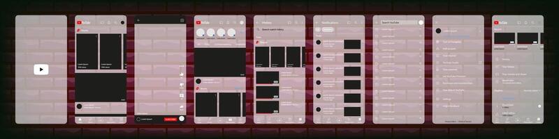 Youtube mobile interface. vous tube écran social médias, vidéo hébergement interface modèle. page d'accueil, logo, recommandations, abonnement, profil. glassmorphisme. éditorial illustration vecteur