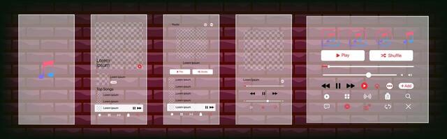 Pomme la musique interface. la musique application. application modèle sur iphone maquette. abonnement la musique joueur. profil, chanson, album, playlist. pause, note, recherche, jouer et mélanger boutons. éditorial vecteur