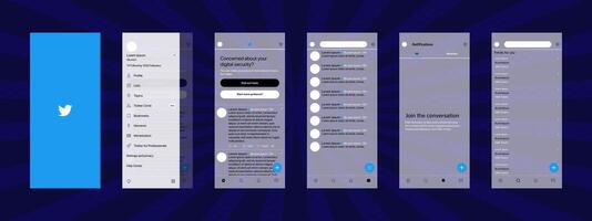Twitter mobile interface. Twitter écran social médias, social réseau interface modèle. page d'accueil, logo, recommandations, abonnement, profil. glassmorphisme. éditorial illustration vecteur