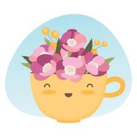 mignonne Jaune tasse avec rose fleurs. dessin animé personnage dans plat style vecteur