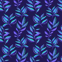 moderne brillant violet sans couture modèle avec abstrait minimaliste Créatif branches feuilles. vecteur main tiré esquisser silhouettes feuille sur une foncé bleu Contexte. collage modèle pour impression, à motifs