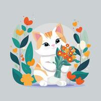 chat avec une bouquet de fleurs dans ses pattes. plat vecteur illustration.