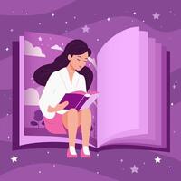 une fille lit une fantaisie livre contre le Contexte de une grand livre. vecteur illustration