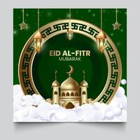 eid al-fitr salutation carte, foncé vert Contexte avec luxueux or formes vecteur