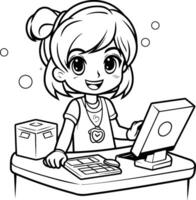 noir et blanc dessin animé illustration de mignonne peu fille en utilisant une ordinateur pour coloration livre vecteur