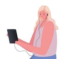 caricature de femme blonde avec tablette et casque de conception de vecteur de travail